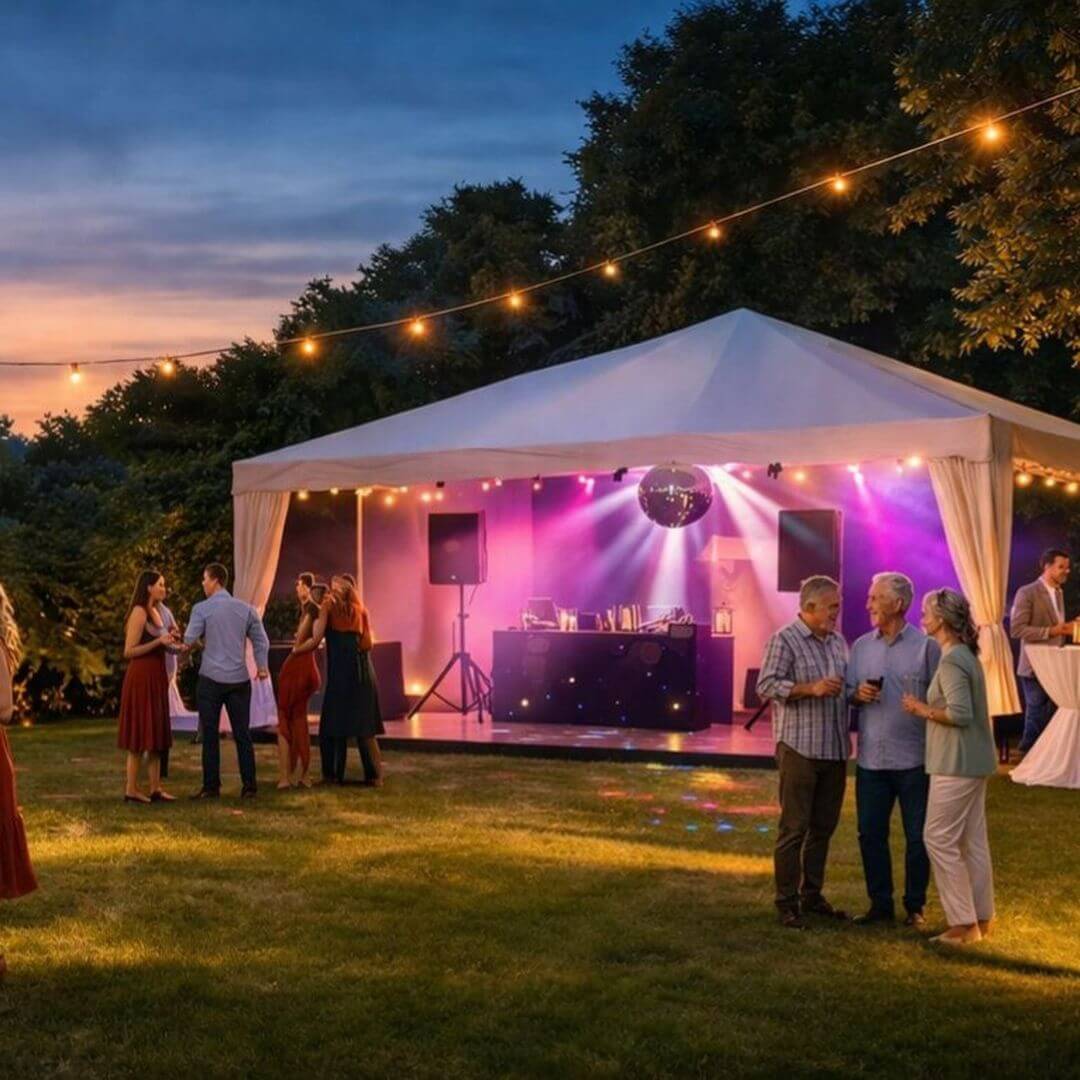 Festtelt med lys og bar til havefest i Nordsjælland