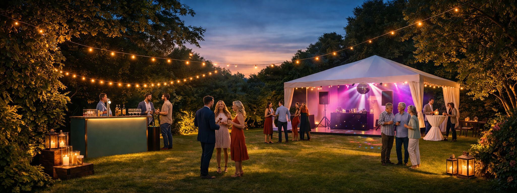 Havefest med telt, bar, lys og festudstyr fra Minglo