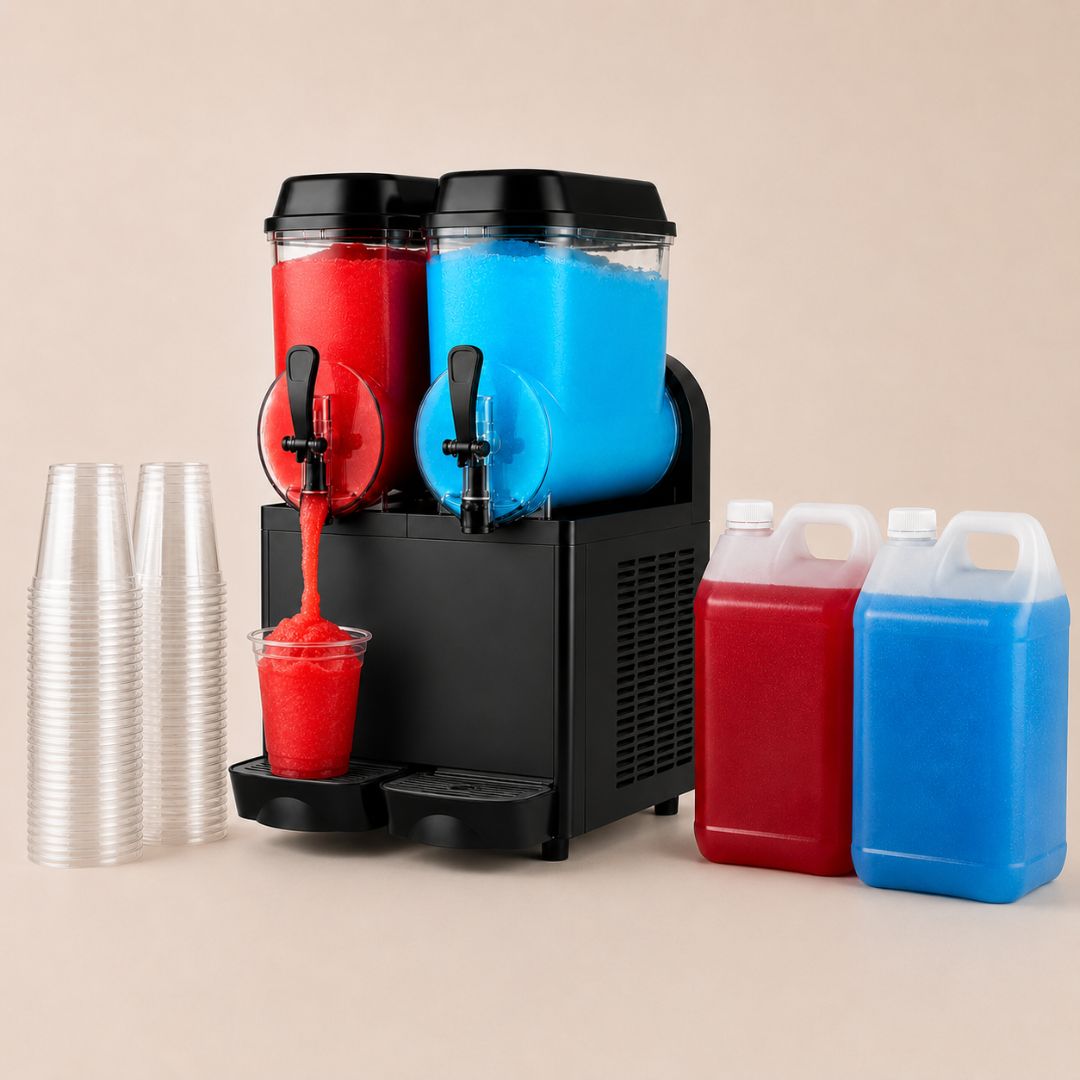 Slush ice-pakke med maskine, 2 valgfrie smage og plastikkrus